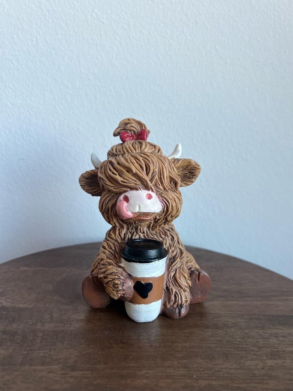 New Adorable Highland Cow Red Bow Holding A Latte